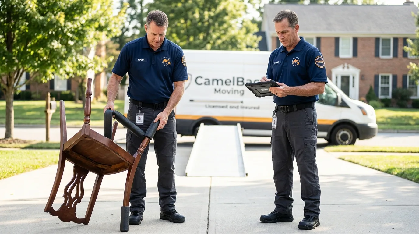 Movers inspecting furniture for damage prevention before loading in Bellevue, WA