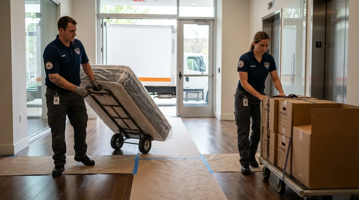 Professional apartment movers loading elevator in Bellevue, WA